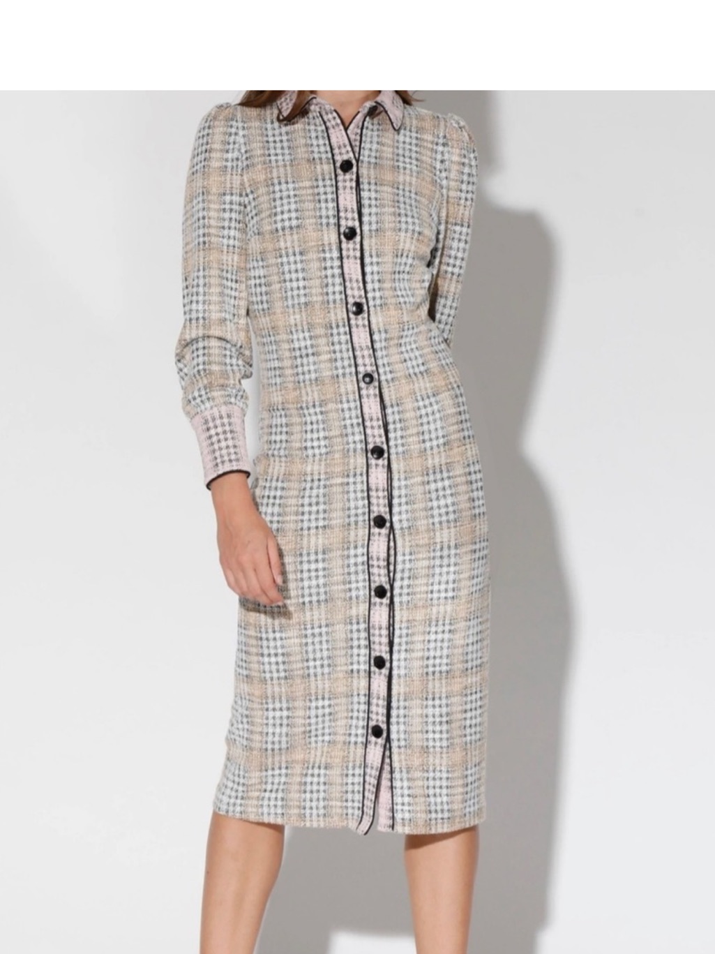 Walter Baker Tia Midi - Beige Plaid Button-Front Knit With Pink Trim
